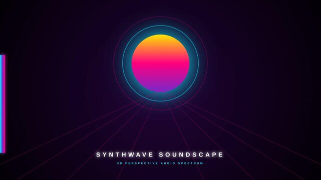 Abstract neon gradient circle with synthwave retro aesthetic on dark background.
