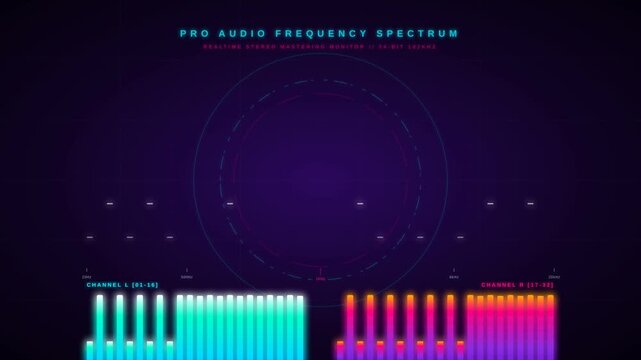 Colorful pro audio frequency spectrum analyzer with vibrant bars and dark background.