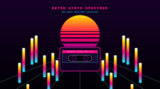 Retro audio cassette tape with neon colorful equalizer bars in a synthwave style.