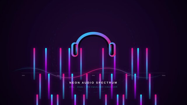 Abstract neon audio equalizer with glowing headphones and vibrant vertical bars.