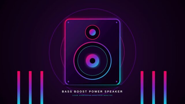 Abstract digital illustration of a bass boost mono speaker with vibrant neon lights and colorful sound waves.