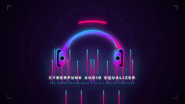 Futuristic cyberpunk style audio equalizer with glowing neon headphones and vibrant sound waves.
