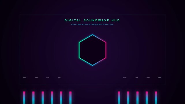 Futuristic digital soundwave visualization with neon hexagon and equalizer bars.