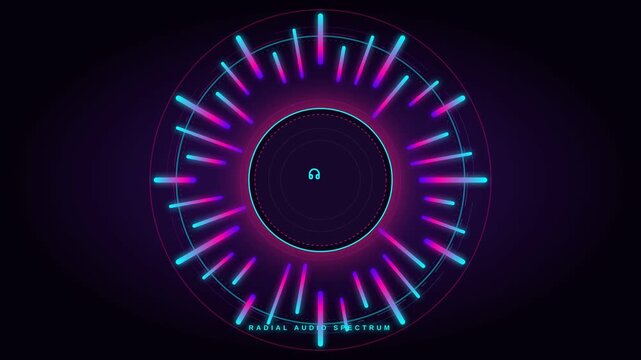 Futuristic neon glowing circular equalizer with vibrant purple and blue light bars on dark background.