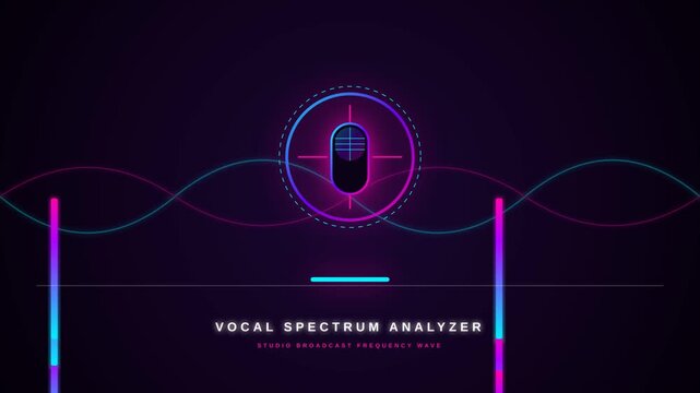 Futuristic vocal spectrum analyzer with neon microphone and sound waves on dark background.