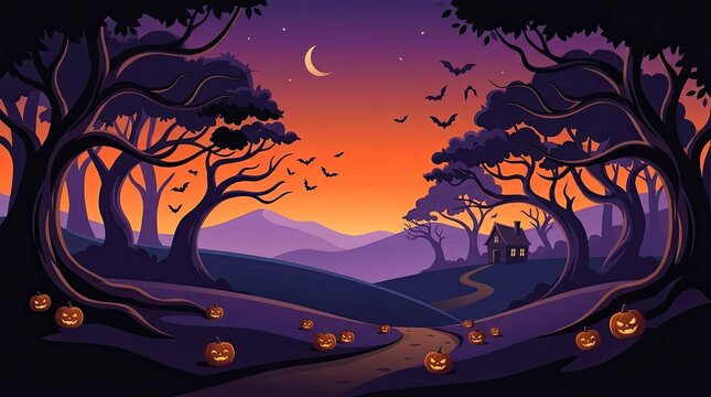 A beautiful flat vector halloween background featuring a spooky forest landscape with a glowing sunset and crescent moon