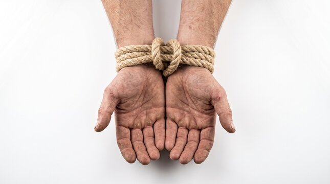 Hands Tied Together With Rope Representing Captivity and Restriction
