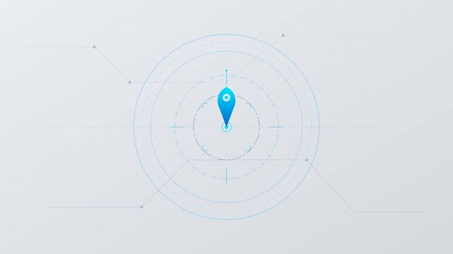 Abstract blue location pin on concentric circular grid with light gray background.