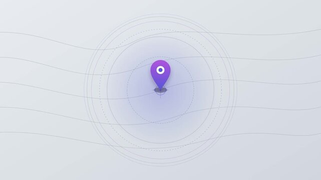 Abstract digital location pin on a blue and white gradient background with circular wave patterns.
