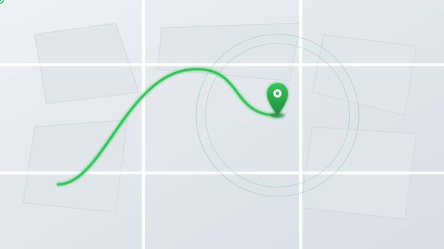 Abstract green line graph with location pin on blurred geometric background.