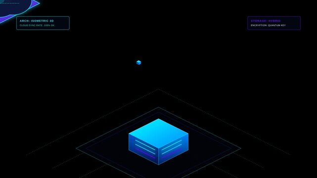 Futuristic digital data storage concept with glowing blue server in dark space.