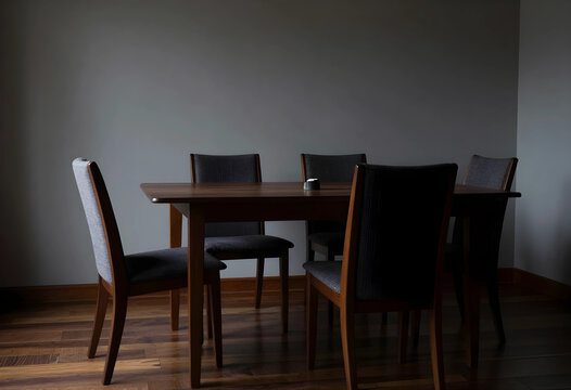 Empty dining room table and chairs quiet home interior domestic life and family gathering concept dark and moody atmosphere