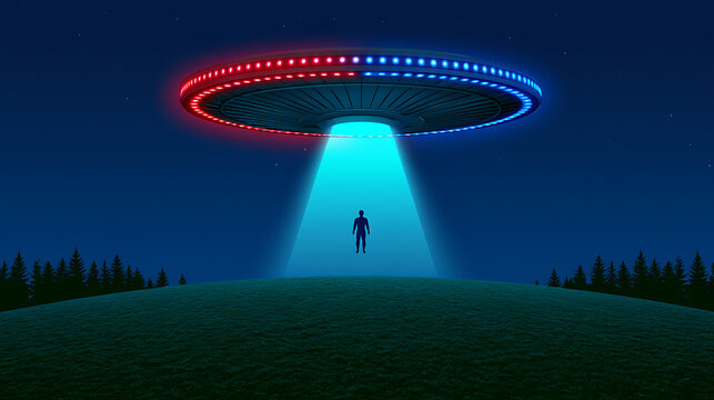 A glowing spaceship hover above a dark green hill at night while a single human silhouette float inside a bright blue light beam from saucer