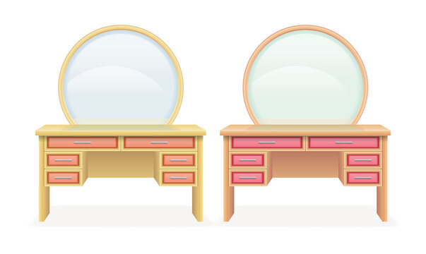 Two colorful vanity dressers for makeup and beauty routine on transparent background