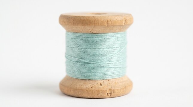 Vintage wooden spool of light blue sewing thread isolated on white background