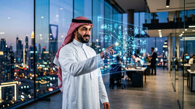 Arab businessman using holographic artificial intelligence interface in modern office
