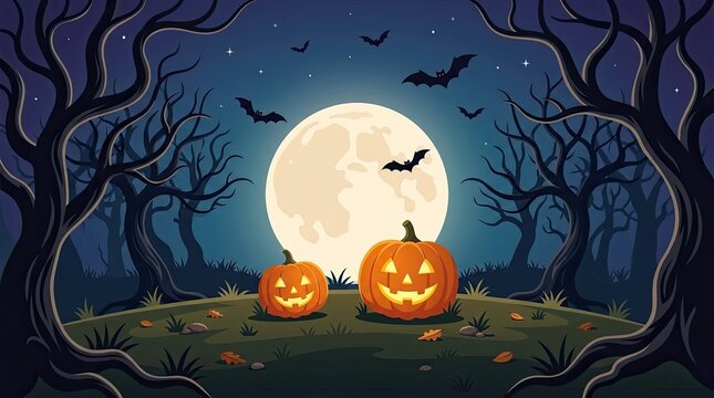Spooky flat vector halloween background featuring glowing jack o lantern pumpkins under a large full moon at night