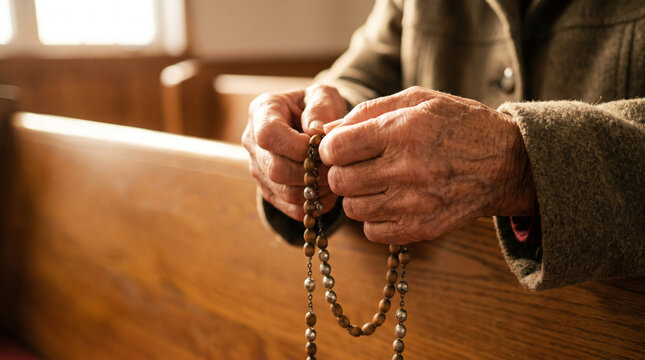 Elderly hands holding rosary beads in a church pew