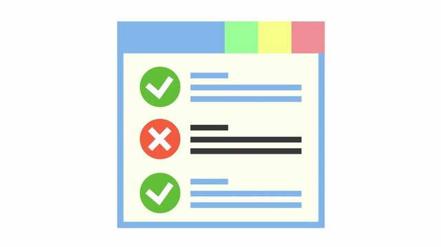 Task checklist document with checkmark and cross mark icon cartoon animation for project report window document symbol and data validation element concept isolated on an alpha channel.