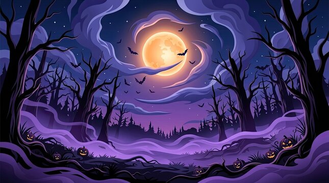 A spooky flat vector halloween background featuring a glowing full moon and silhouetted bare trees in a dark forest