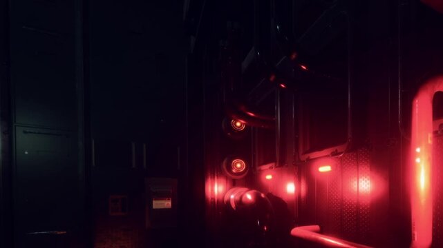 Red lights illuminate a section of a dark industrial area. The scene captures pipes and metal surfaces, creating an intriguing atmosphere. It appears to be nighttime with limited visibility.