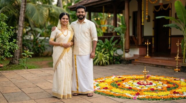 Indian woman and man celebrating Onam festival beside a colorful flower rangoli and oil lamp at a traditional Kerala home. Cultural celebration and festive tradition.
