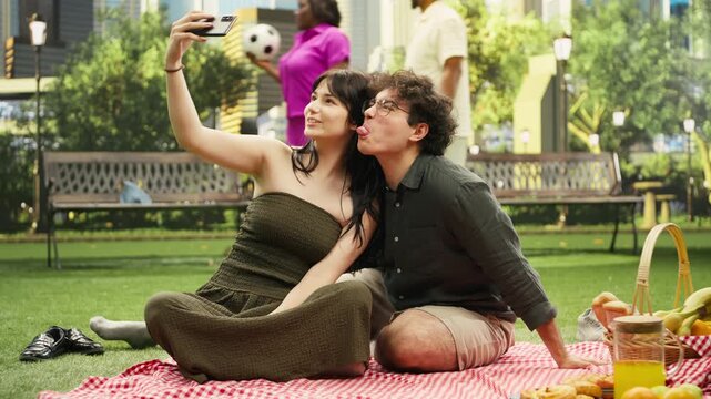 Playful couple make silly faces for smartphone selfies in a city park while posing for pictures and enjoying a fun romantic outdoor date together.