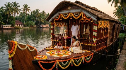 Obraz premium Indian family celebrating Onam festival on a decorated houseboat with floral pookalam, traditional lamps, garlands, and Kerala backwater scenery. Cultural celebration and harvest festival concept.