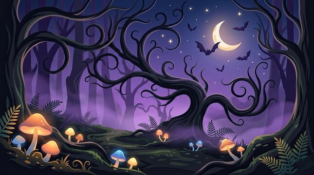 A spooky flat vector halloween background featuring a dark enchanted forest with glowing mushrooms under a crescent moon night sky