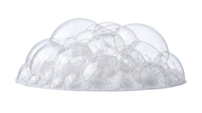 A cluster of translucent soap bubbles resting together and forming a rounded shape while reflecting light across their delicate surfaces during a bath time scenario featuring soapy water textures