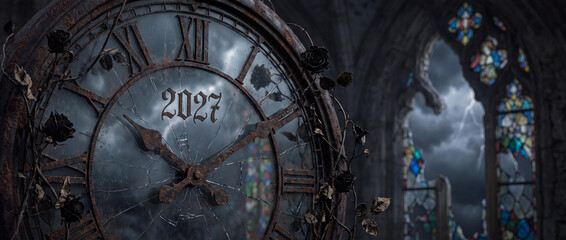 Obraz premium Cinematic Ancient Rusty Clock Showing Year 2027 in Dark Gothic Ruins Under Stormy Sky
