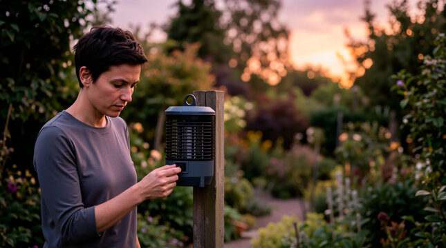 Woman turning on an electric mosquito zapper lamp in a garden at dusk. Insect trap mounted on wooden post for outdoor pest control during summer evening