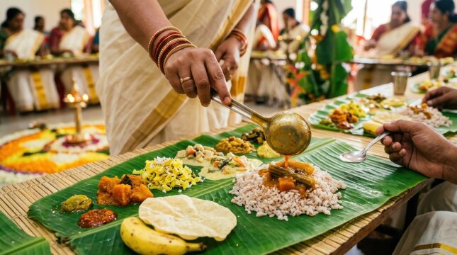 Woman serving traditional Onam feast on banana leaf during Kerala harvest festival celebration. Festive sadhya meal, cultural gathering and Indian culinary tradition.