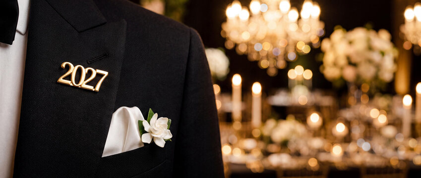 Man in black tuxedo wearing gold 2027 lapel pin at elegant gala dinner with bokeh chandelier background