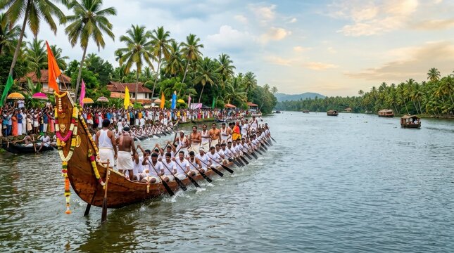 Men racing a decorated snake boat during Onam festival celebration on a Kerala backwater. Traditional Kerala culture, community gathering and exciting boat race.