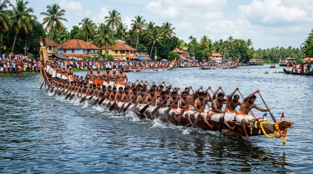 Men rowing a decorated snake boat during Onam festival in Kerala. Traditional Vallam Kali race on a tropical backwater surrounded by cheering spectators, village homes, and palm trees.
