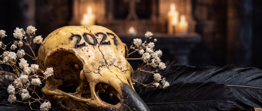 Bird Skull with 2027 Engraving on Black Feathers and Blurred Candles