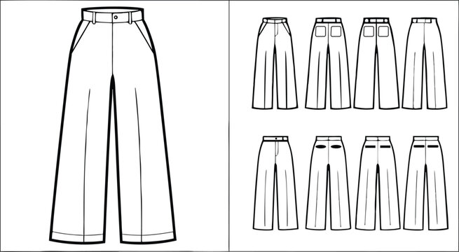 Technical fashion flat of wide leg trousers with pocket variations