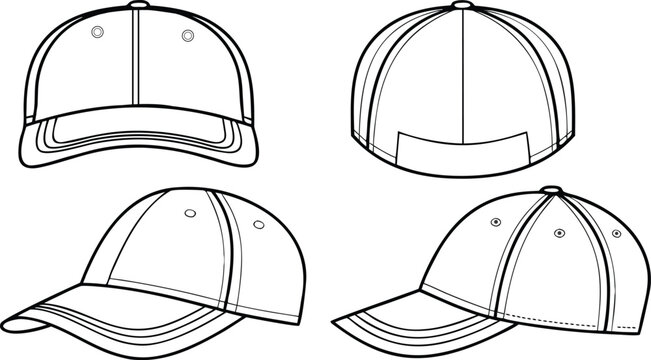 Technical fashion of a six panel baseball cap in four views apparel