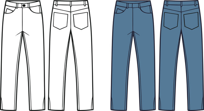 Technical fashion of denim jeans, front and back views trousers pants