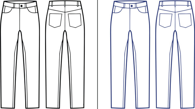 Technical fashion of denim jeans, front and back views trousers pants