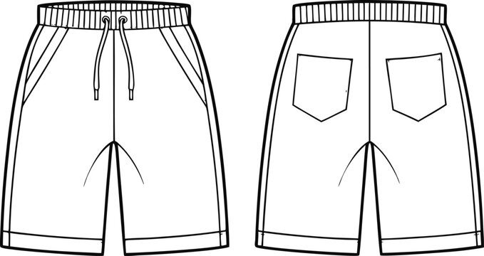 Technical fashion flat of men's elastic waist drawstring shorts, front