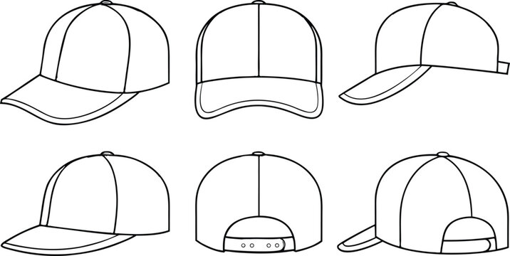 Technical fashion sheet displaying baseball cap views, apparel