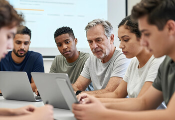 Obraz premium Lifelong learning and diverse education, multi-generational students using laptops in a classroom setting, adult education and skill development