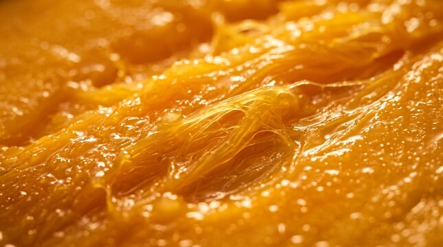 Golden mango flesh appears silky and fluid, revealing illuminated fibers, microscopic droplets, and flowing natural textures in an artistic macro view.