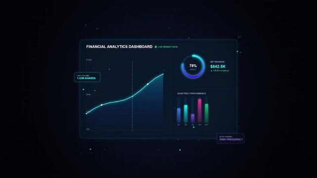 Financial analytics dashboard with growth chart and data visualization on dark screen