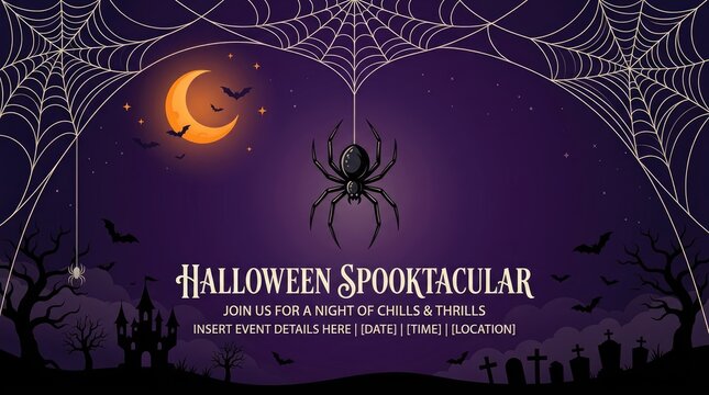A spooky halloween banner featuring a detailed spider web design with a glowing moon and dark silhouette background elements