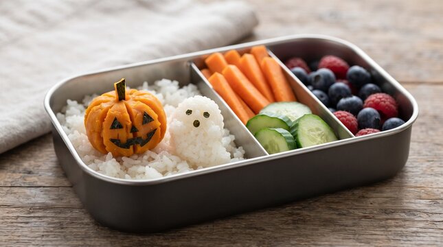 Halloween bento with ghost shaped rice, carved pumpkin, carrots, cucumber and blueberries arranged as a festive seasonal lunch