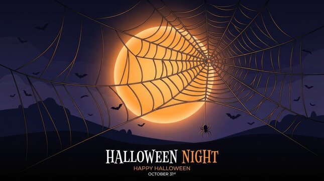 A spooky full moon background featuring a detailed spider web and halloween banner for festive holiday party design invitations