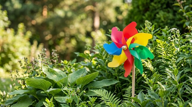 Colorful toy pinwheel rotating gracefully amid dense green botanical foliage offering generous blank text area with gentle out-of-focus natural scenery backdrop. Bright outdoor ornament symbolizing